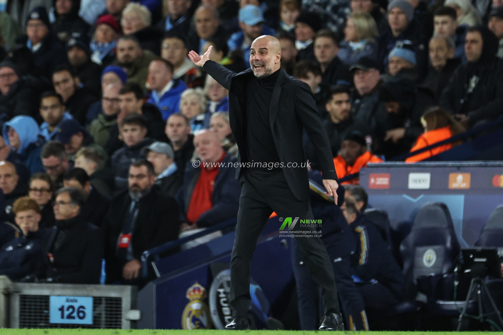 Pep Guardiola manager of Manchester City reacts during the UEFA Champions League Quarter Final Manchester City vs Real Madrid at Etihad Stadium, Manchester, United Kingdom, 17th April 2024

(Photo by Mark Cosgrove/News Images)