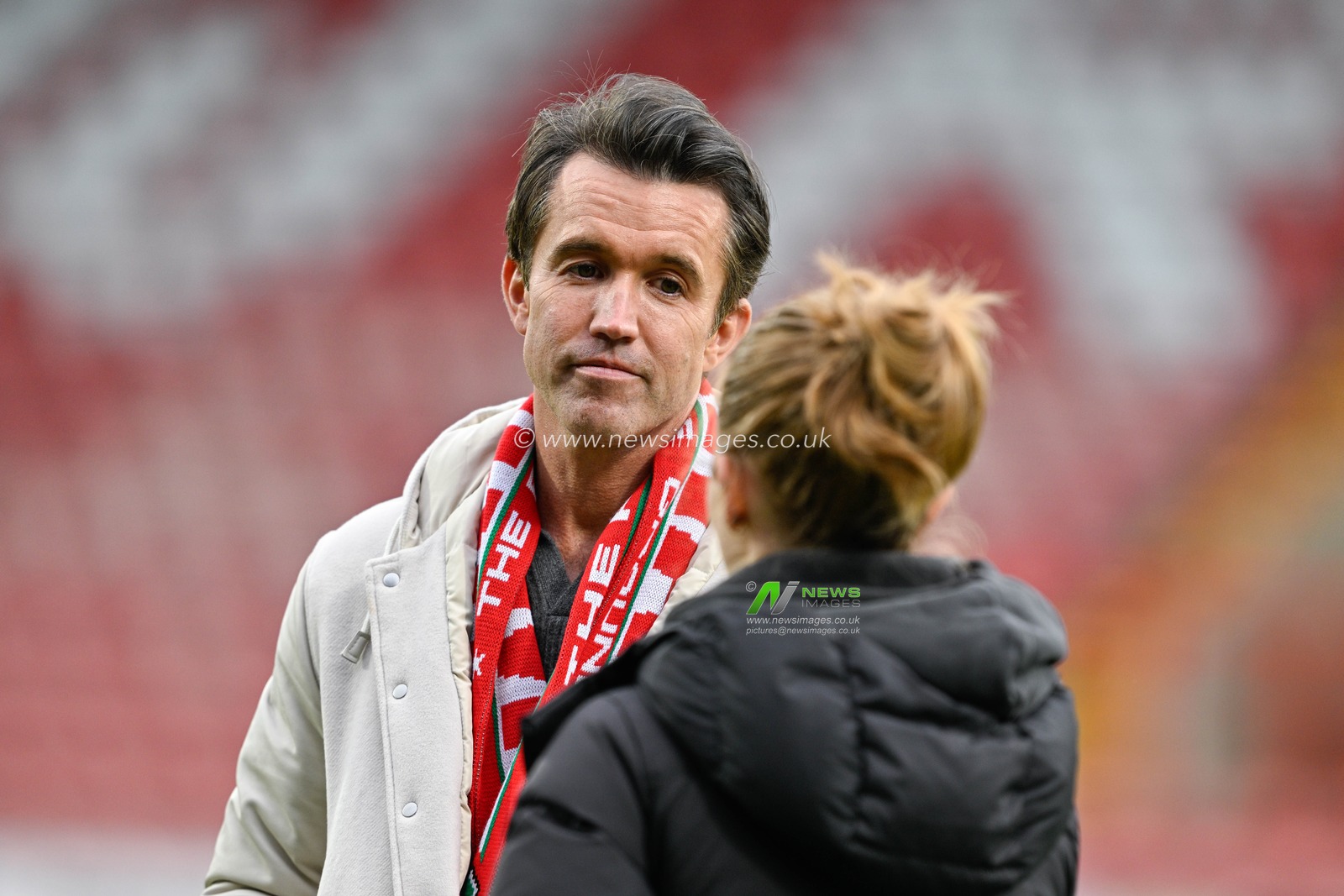 Wrexham Co-Owner Rob McElhenney speaks with reporter following the Sky Bet League 2 match Wrexham vs Stockport County at SToK Cae Ras, Wrexham, United Kingdom, 27th April 2024

(Photo by Cody Froggatt/News Images)