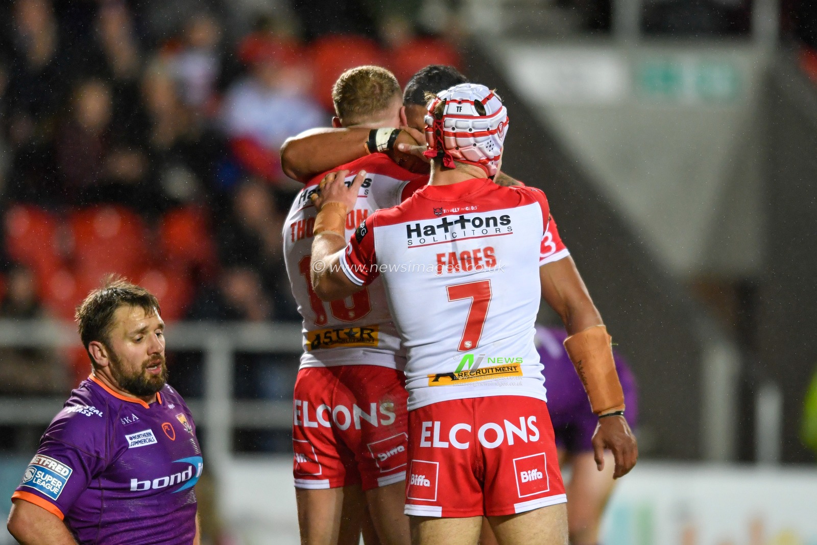 6th March 2020, Totally Wicked Stadium, St Helens, England; Betfred Super League, Saint Helens v Huddersfield Giants : Theo Fages (7) of St Helens celebrates with try scorer Luke Thompson (10)
