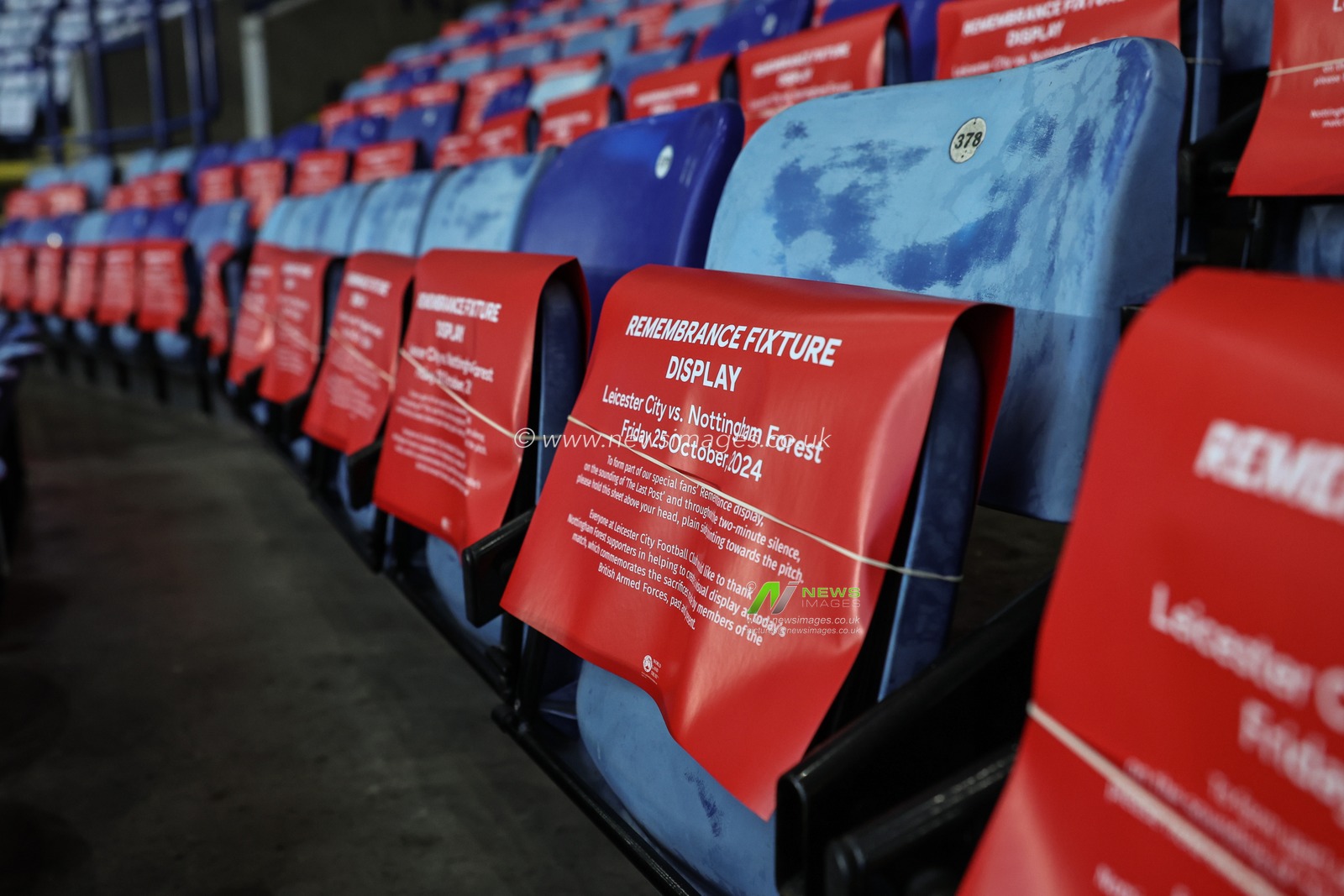 Remembrance fixture posters are laid on every chair in the ground during the Premier League match Leicester City vs Nottingham Forest at King Power Stadium, Leicester, United Kingdom, 25th October 2024

(Photo by Mark Cosgrove/News Images)