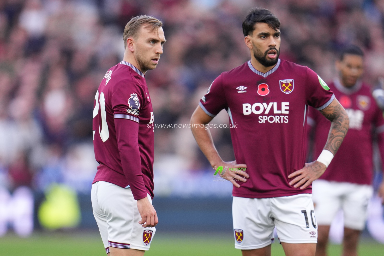 Jarrod Bowen of West Ham United and Lucas Paqueta of West Ham United during the Premier League match West Ham United vs Burnley at London Stadium, London, United Kingdom, 8th November 2025

(Photo by Harvey Murphy/News Images)

*** GER AUT SUI OUT ***