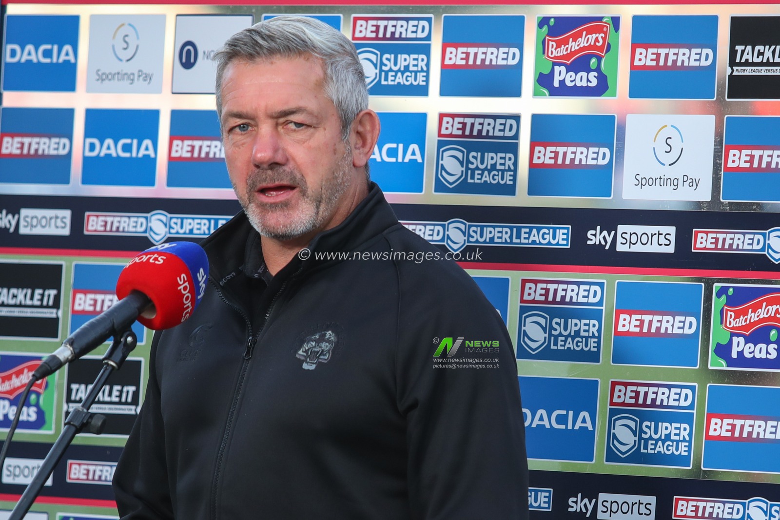 Daryl Powell Head Coach of Castleford Tigers being interviewed by SKY TV prior to the match starting