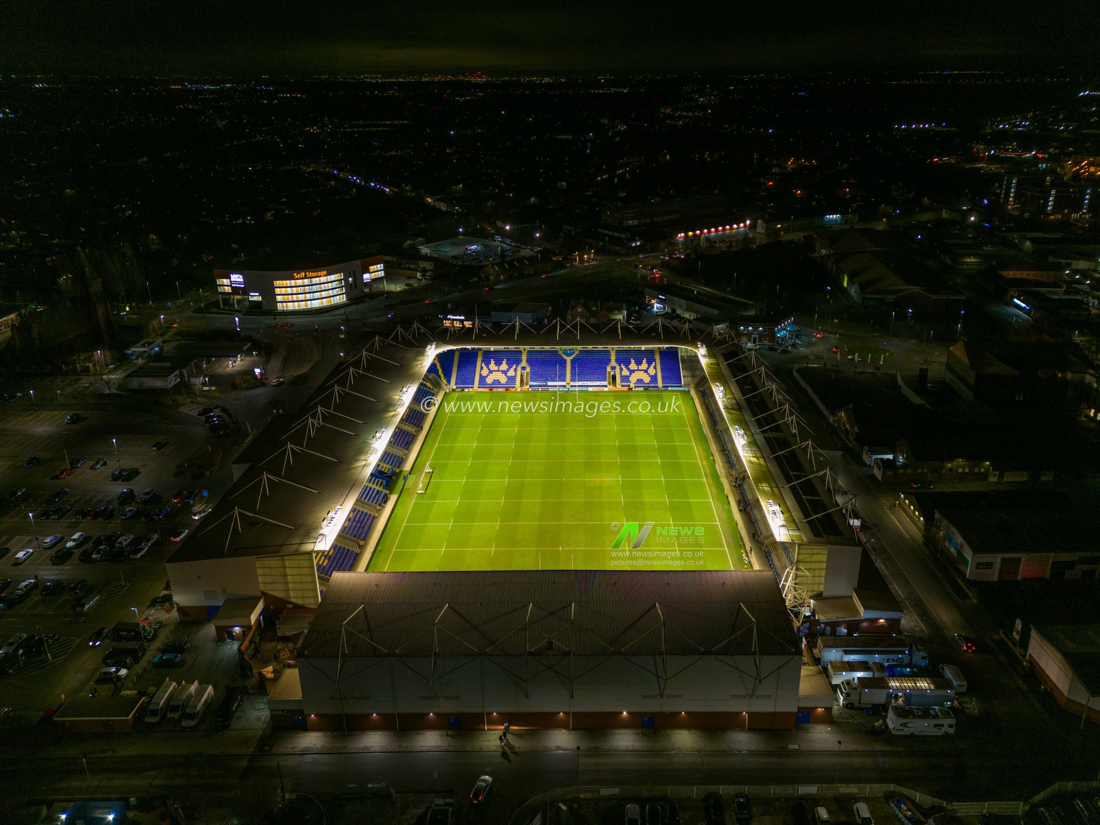 General aerial view of The Halliwell Jones Stadium, Home of Warrington Wolves after the Betfred Super League Round 1 match Warrington Wolves vs Leeds Rhinos at Halliwell Jones Stadium, Warrington, United Kingdom, 16th February 2023

(Photo by Craig Thomas/News Images)