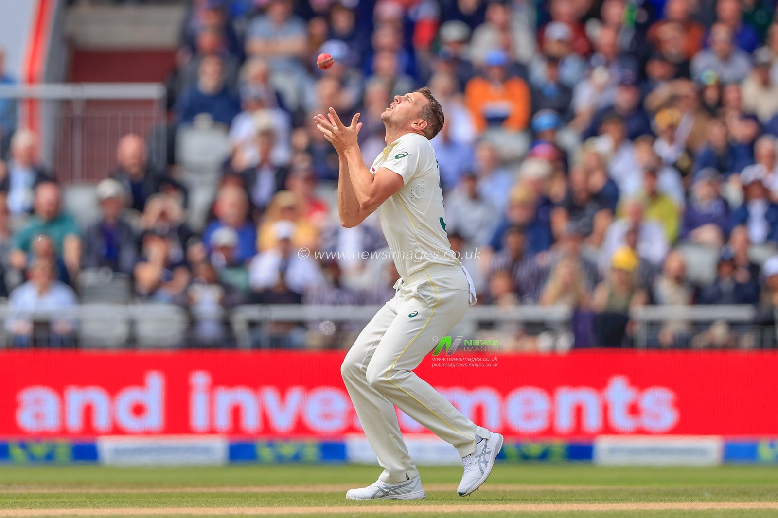 Josh Hazlewood of Australia takes a catch to dismiss Stuart Broad of England during the LV= Insurance Ashes Fourth Test Series Day Three Test Series match England vs Australia at Old Trafford, Manchester, United Kingdom, 21st July 2023

(Photo by Conor Molloy/News Images)