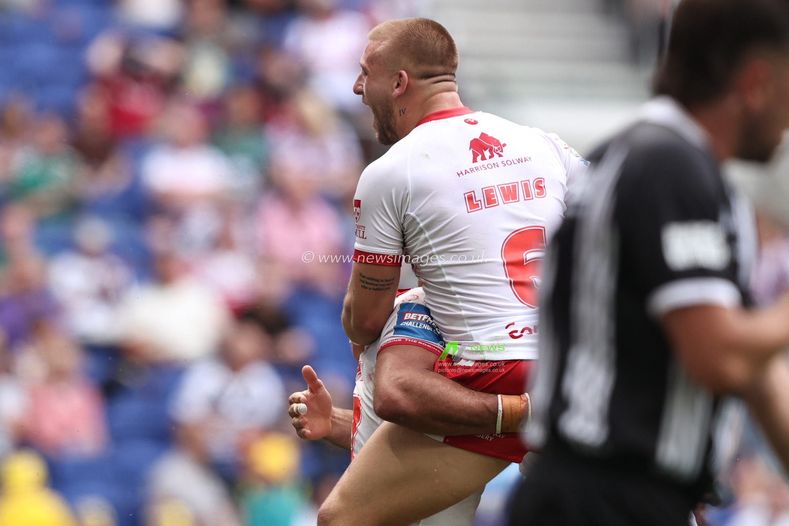 Mikey Lewis of Hull KR celebrates his try during the Betfred Super League Magic Weekend match Hull KR vs Hull FC at Hill Dickinson Stadium, Liverpool, United Kingdom on 04 July 2026

(Photo by Alfie Cosgrove/News Images)
