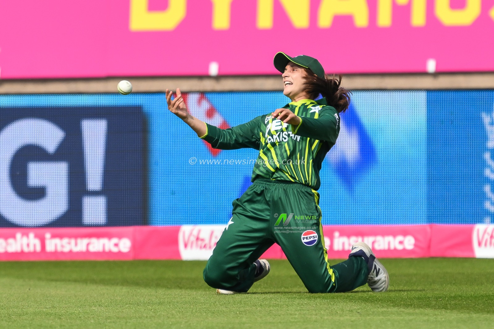 Natalia Parvaiz of Pakistan celebrates catching Amy Jones of England off the bowling of Sadia Iqbal of Pakistan during the First T20 International match England women vs Pakistan women at Edgbaston, Birmingham, United Kingdom, 11th May 2024

(Photo by Craig Thomas/News Images)