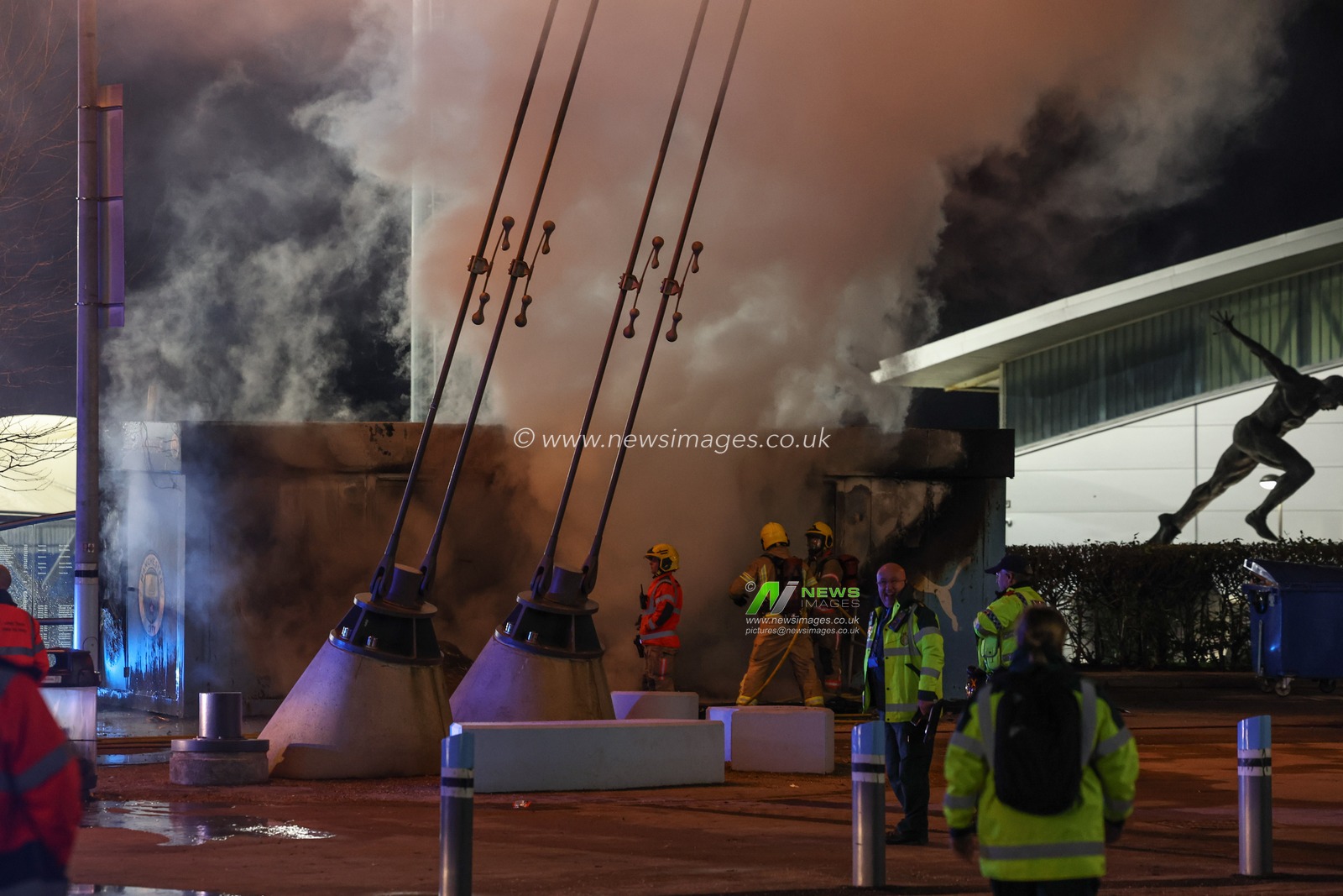 Fire fighters putting out a fire outside of the Etihad during the UEFA Champions League Matchday 8 of 8 Manchester City vs Club Brugge at Etihad Stadium, Manchester, United Kingdom, 29th January 2025

(Photo by Mark Cosgrove/News Images)