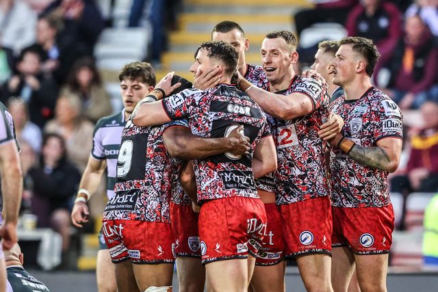 Lachlan Lam of Leigh Leopards celebrates his try during the Betfred Super League round 9 match Leigh Leopards vs Huddersfield Giants at Leigh Sports Village, Leigh, United Kingdom on 23 April 2026

(Photo by Alfie Cosgrove/News Images)