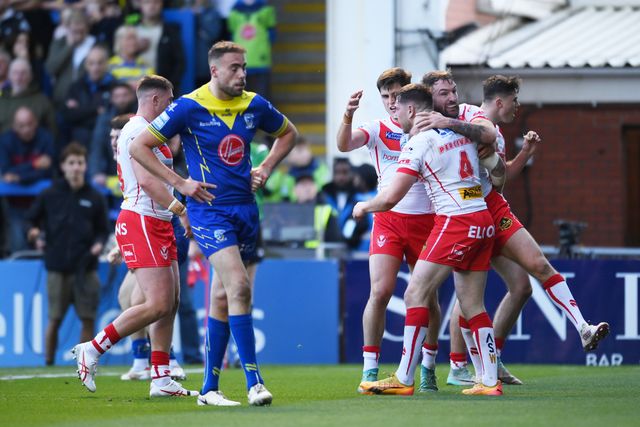 Mark Percival of St. Helens celebrates scoring his team's second try during the Betfred Super League play-off Eliminator 2 Warrington Wolves v St Helens at Halliwell Jones Stadium, Warrington, United Kingdom, 28th September 2024

(Photo by Ben Roberts/News Images)