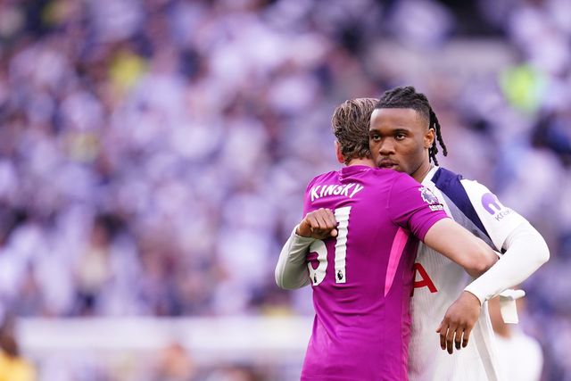 Destiny Udogie of Tottenham Hotspur and Tottenham Hotspur goalkeeper Antonin Kinsky ahead of kick off during the Premier League match Tottenham Hotspur vs Brighton & Hove Albion at Tottenham Hotspur Stadium, London, United Kingdom on 18 April 2026

(Photo by Harvey Murphy/News Images)