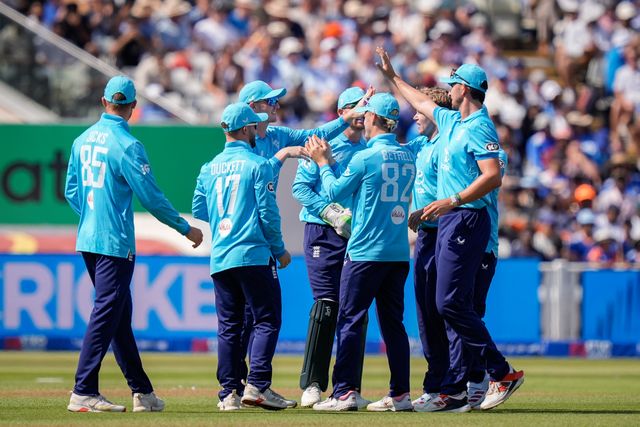 Sam Curran of England celebrates the wicket of Rohit Sharma of India during the 1st Metro Bank ODI match England vs India at Edgbaston, Birmingham, United Kingdom on 14 July 2026

(Photo by Maynard Manyowa/News Images)