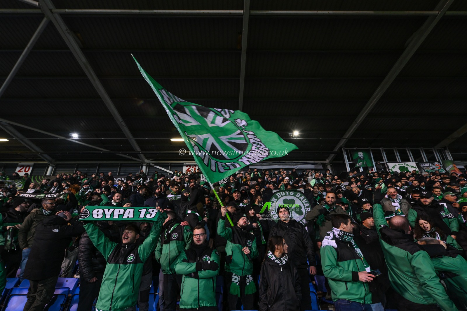 Panathinaikos fans ahead of the UEFA Conference League - League Stage The New Saints v Panathinaikos at Croud Meadow, Shrewsbury, United Kingdom, 12th December 2024

(Photo by Craig Thomas/News Images)
