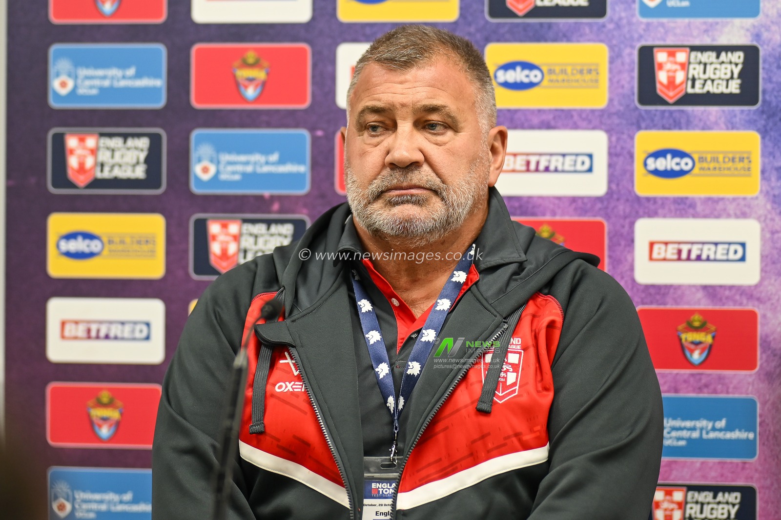 Shaun Wane Head Coach of England in the post match press conference after the Rugby League International match England vs Tonga at John Smith's Stadium, Huddersfield, United Kingdom, 28th October 2023

(Photo by Craig Thomas/News Images)
