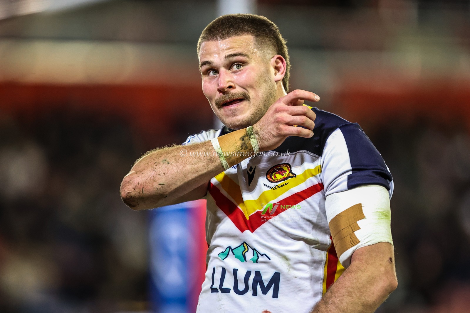 Josh Allen of Catalans Dragons during the Betfred Super League match Leigh Leopards vs Catalans Dragons at Leigh Sports Village, Leigh, United Kingdom on 06 March 2026

(Photo by Alfie Cosgrove/News Images)