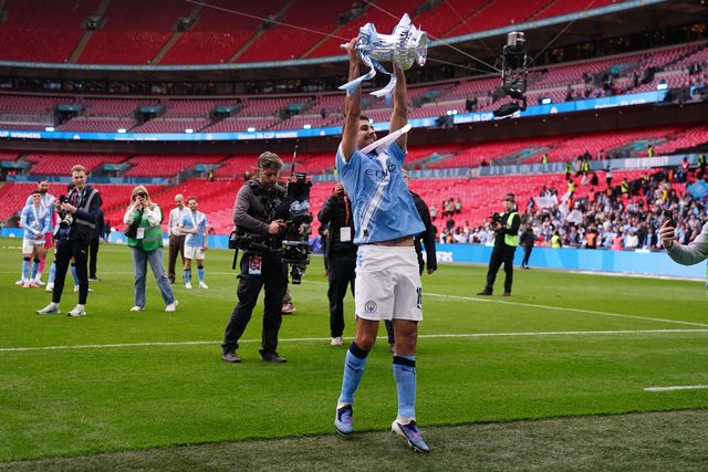 Rodri of Manchester City celebrates with the Fa cup trophy during the Emirates FA Cup Final match Chelsea vs Manchester City at Wembley Stadium, London, United Kingdom on 16 May 2026

(Photo by Harvey Murphy/News Images)