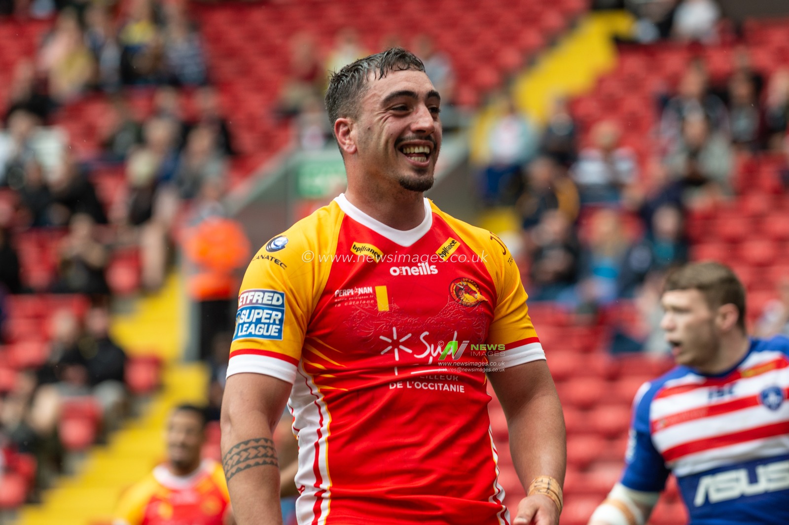25th May 2019 , Anfield Stadium, Liverpool, England; Dacia Magic Weekend, Betfred Super League Round 16, Wakefield Trinity vs Catalans Dragons ; Tony Gigot of Catalans Dragons celebrates scoring his try

Credit: Richard Long/News Images