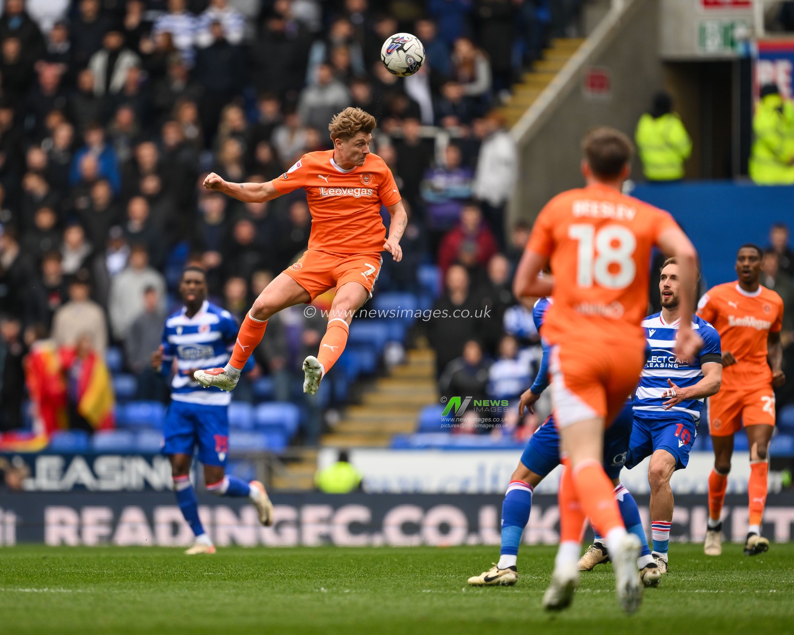 George Byers of Blackpool jumps up to win the high ball during the Sky Bet League 1 match Reading vs Blackpool at Select Car Leasing Stadium, Reading, United Kingdom, 27th April 2024

(Photo by Craig Thomas/News Images)