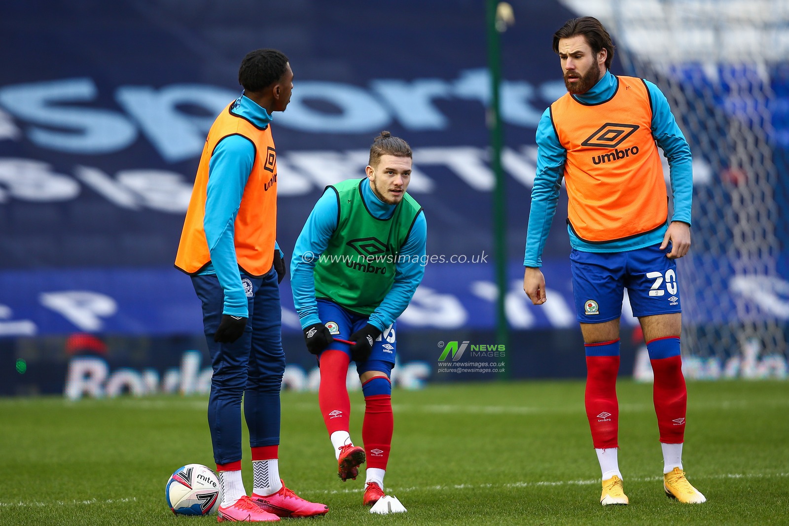Amarii Bell #17, Harvey Elliott #16 and Ben Brereton #20 of Blackburn Rovers warming up ahead of the game against Birmingham City