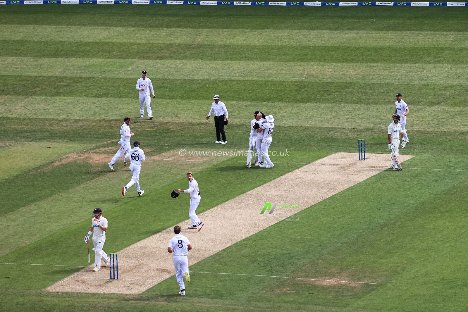 England players celebrate the wicket of Henry Nicholls of New Zealand