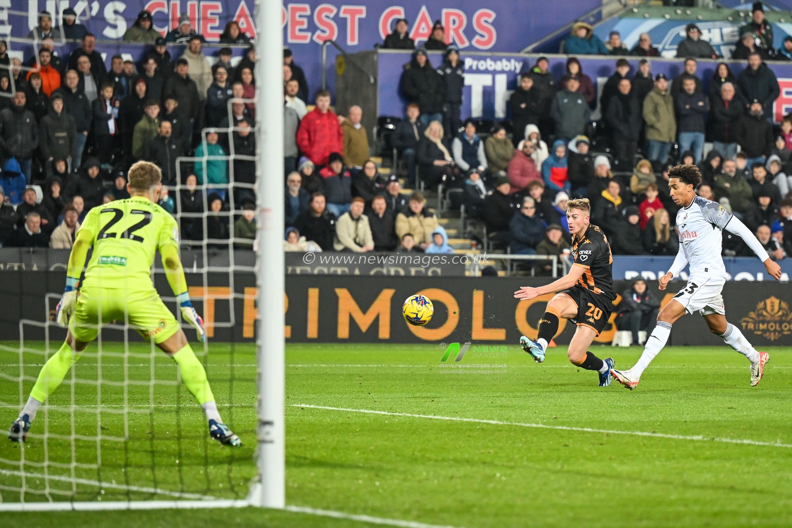 Liam Delap #20 of Hull City shoots on goal during the Sky Bet Championship match Swansea City vs Hull City at Swansea.com Stadium, Swansea, United Kingdom, 25th November 2023

(Photo by Craig Thomas/News Images)