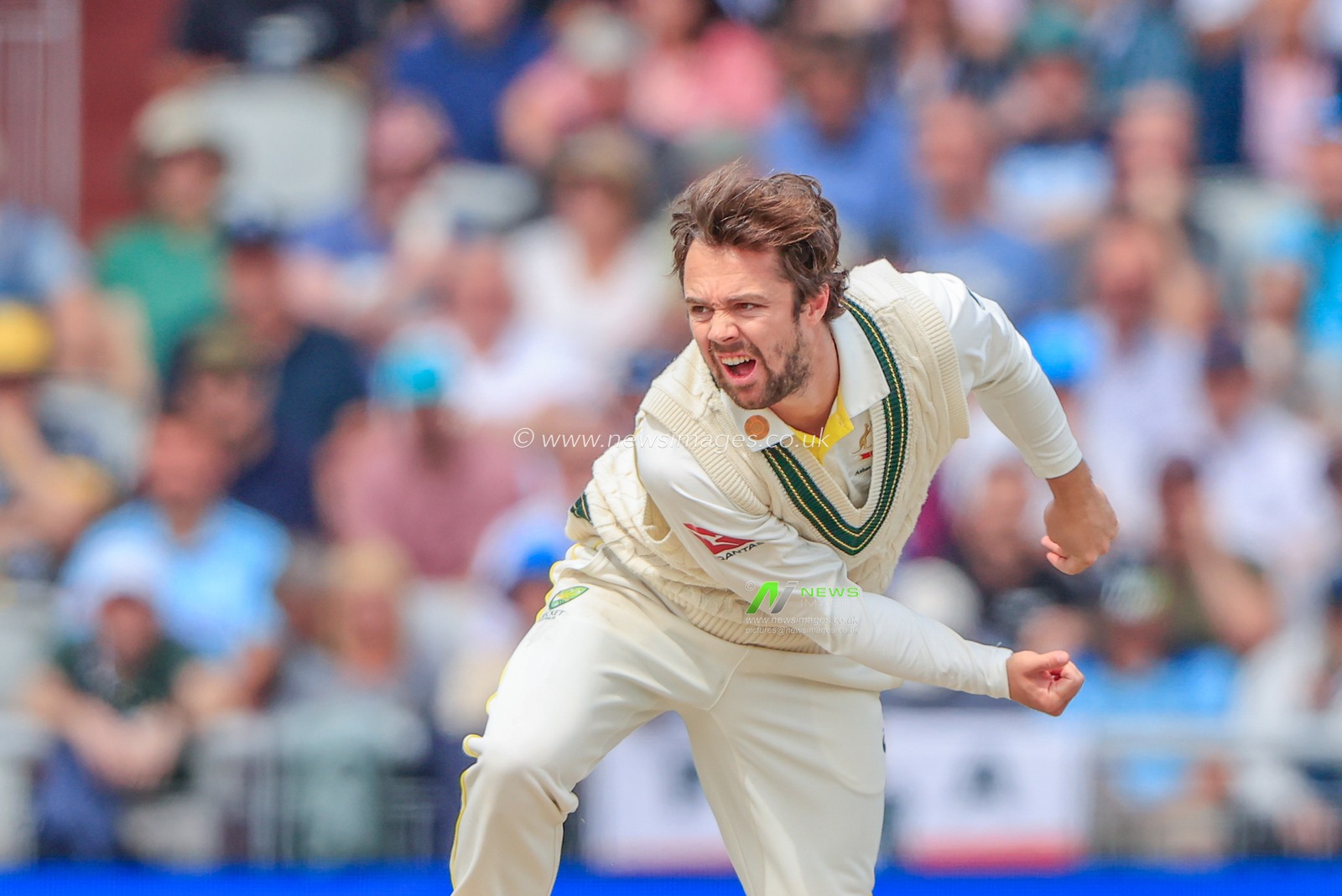 Travis Head of Australia delivers the ball during the LV= Insurance Ashes Fourth Test Series Day Three Test Series match England vs Australia at Old Trafford, Manchester, United Kingdom, 21st July 2023

(Photo by Conor Molloy/News Images)