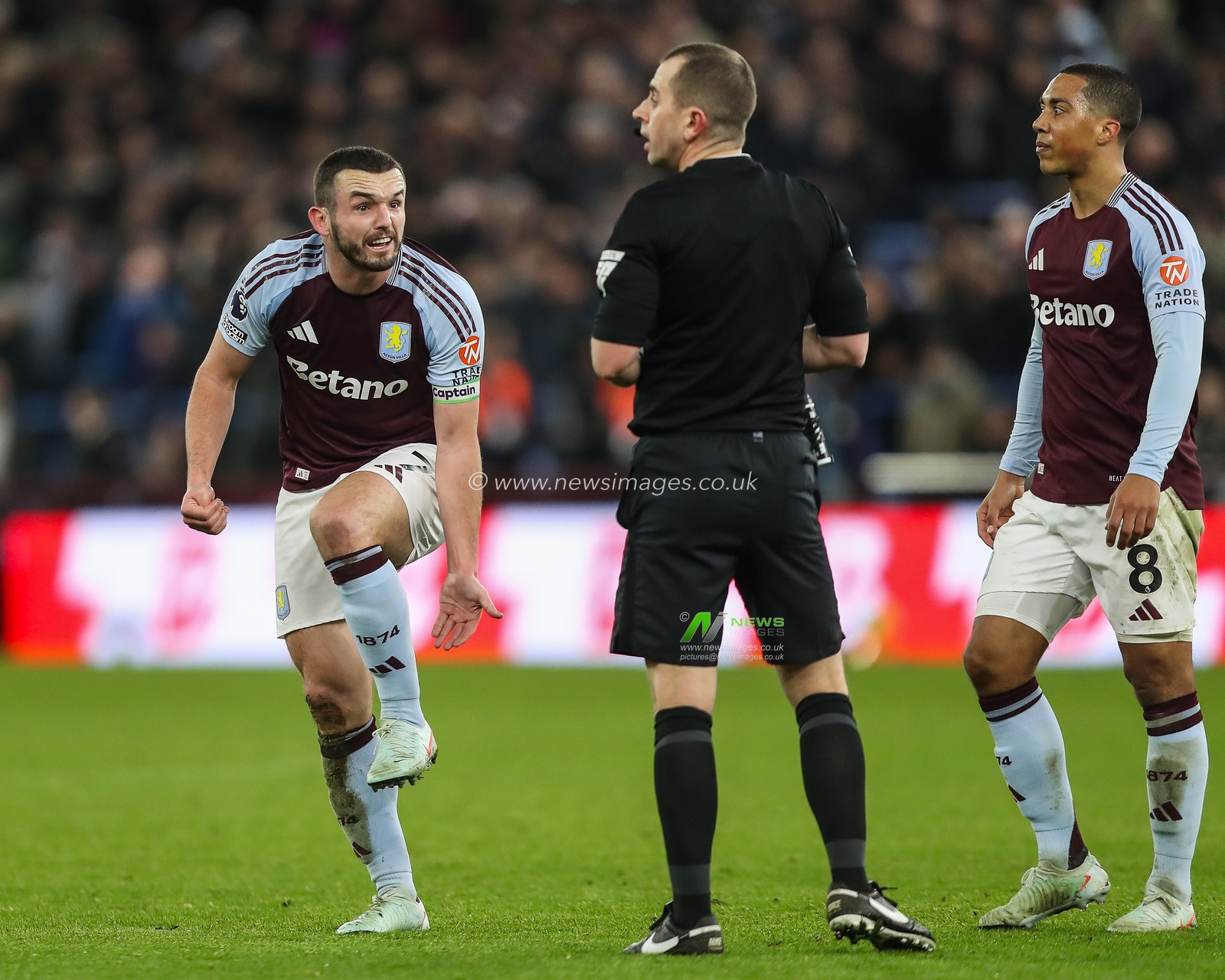 John McGinn of Aston Villa reacts to Referee Peter Bankes decision during the Premier League match Aston Villa vs West Ham United at Villa Park, Birmingham, United Kingdom, 26th January 2025

(Photo by Gareth Evans/News Images)