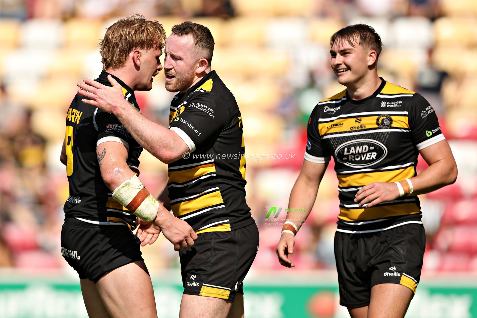 Connor Fitzsimmons of York Knights RLFC celebrates scoring a try with Jack Martin of York Knights RLFC during the Betfred Championship match York City Knights vs Featherstone Rovers at LNER Community Stadium, York, United Kingdom, 29th June 2025(Photo by Sam Eaden/News Images)