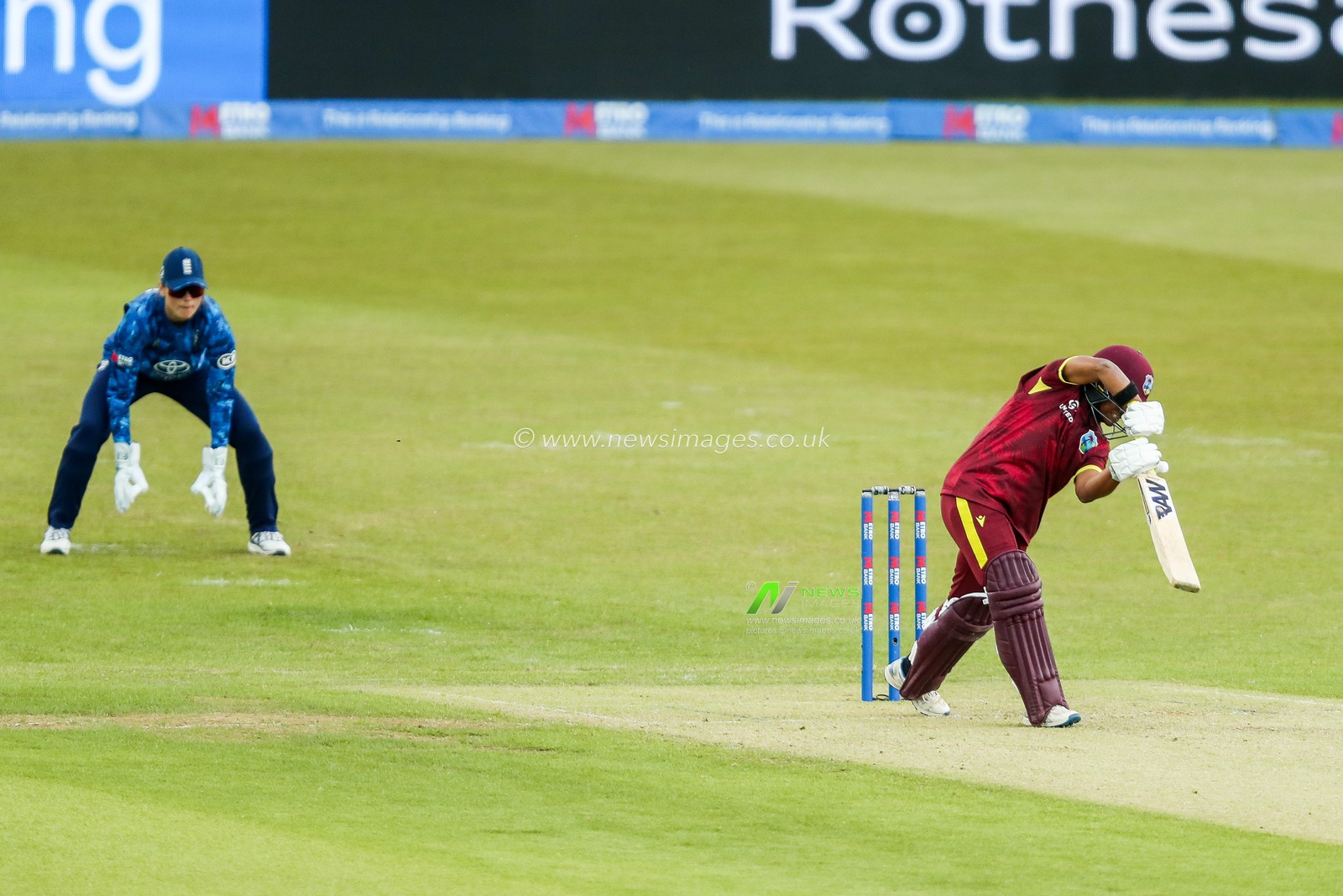 Zaida James of West Indies Women is caught by Amy Jones of England Women during the 2nd Metro Bank ODI Day International England Women v West Indies Women at Uptonsteel County Ground, Leicester, United Kingdom, 4th June 2025

(Photo by Izzy Poles/News Images)