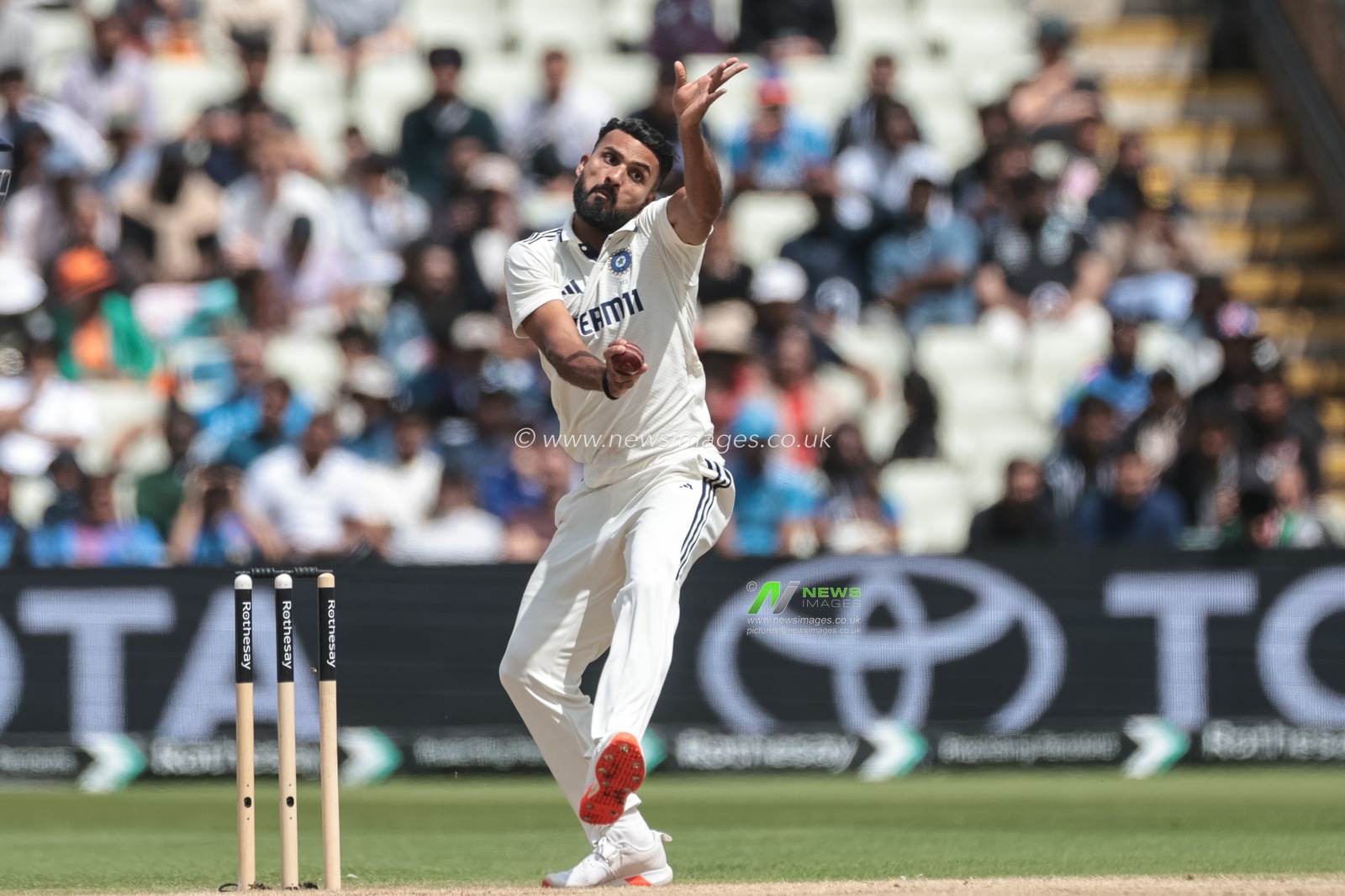 Akash Deep of India delivers the ball that takes the wicket of Ollie Pope of England during the 2nd Rothesay Test Match day 5 England v India at Edgbaston, Birmingham, United Kingdom, 6th July 2025

(Photo by Mark Cosgrove/News Images)