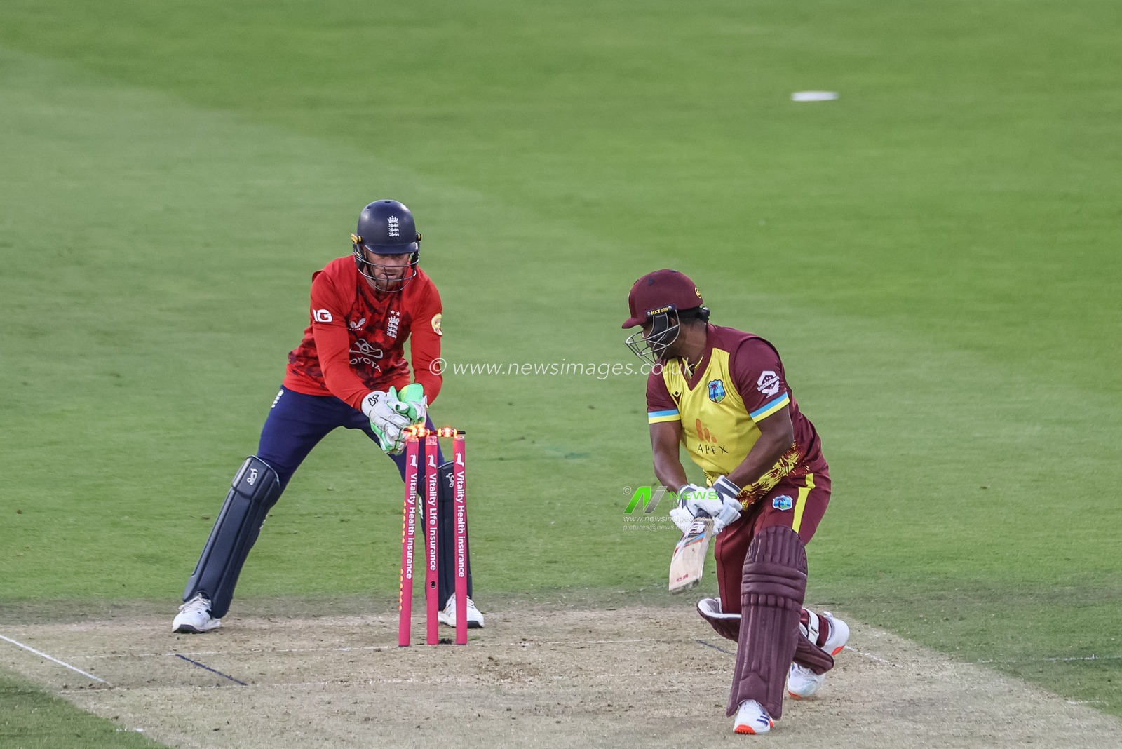 Jos Buttler of England stumps out Johnson Charles of West Indies during the 1st Vitality T20 International Series England v West Indies at Banks Homes Riverside Stadium, Chester-le-street, United Kingdom, 6th June 2025

(Photo by Mark Cosgrove/News Images)