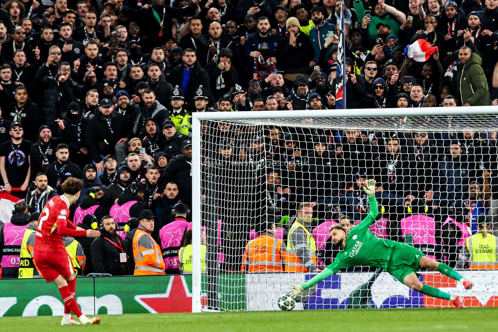 Gianluigi Donnarumma of Paris Saint-Germain saves Curtis Jones of Liverpoolâ€™s penalty during the UEFA Champions League Last 16 match Liverpool vs Paris Saint-Germain at Anfield, Liverpool, United Kingdom, 11th March 2025

(Photo by Mark Cosgrove/News Images)