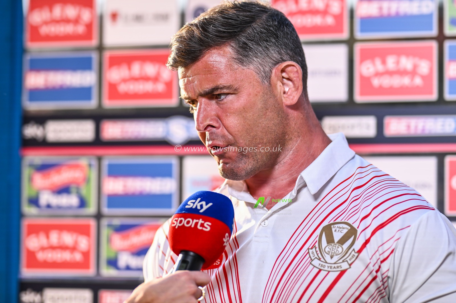 Paul Wellens Head Coach of St Helens during the pre match interview Betfred Super League Round 15 match St Helens vs Wigan Warriors at Totally Wicked Stadium, St Helens, United Kingdom, 9th June 2023

(Photo by Craig Thomas/News Images)
