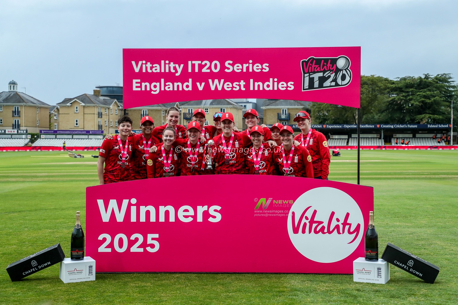 England Women celebrate winning the series 3-0 following the 3rd Vitality IT20 Series match England Women vs West Indies Women at The Cloud County Ground, Chelmsford, United Kingdom, 26th May 2025

(Photo by Izzy Poles/News Images)