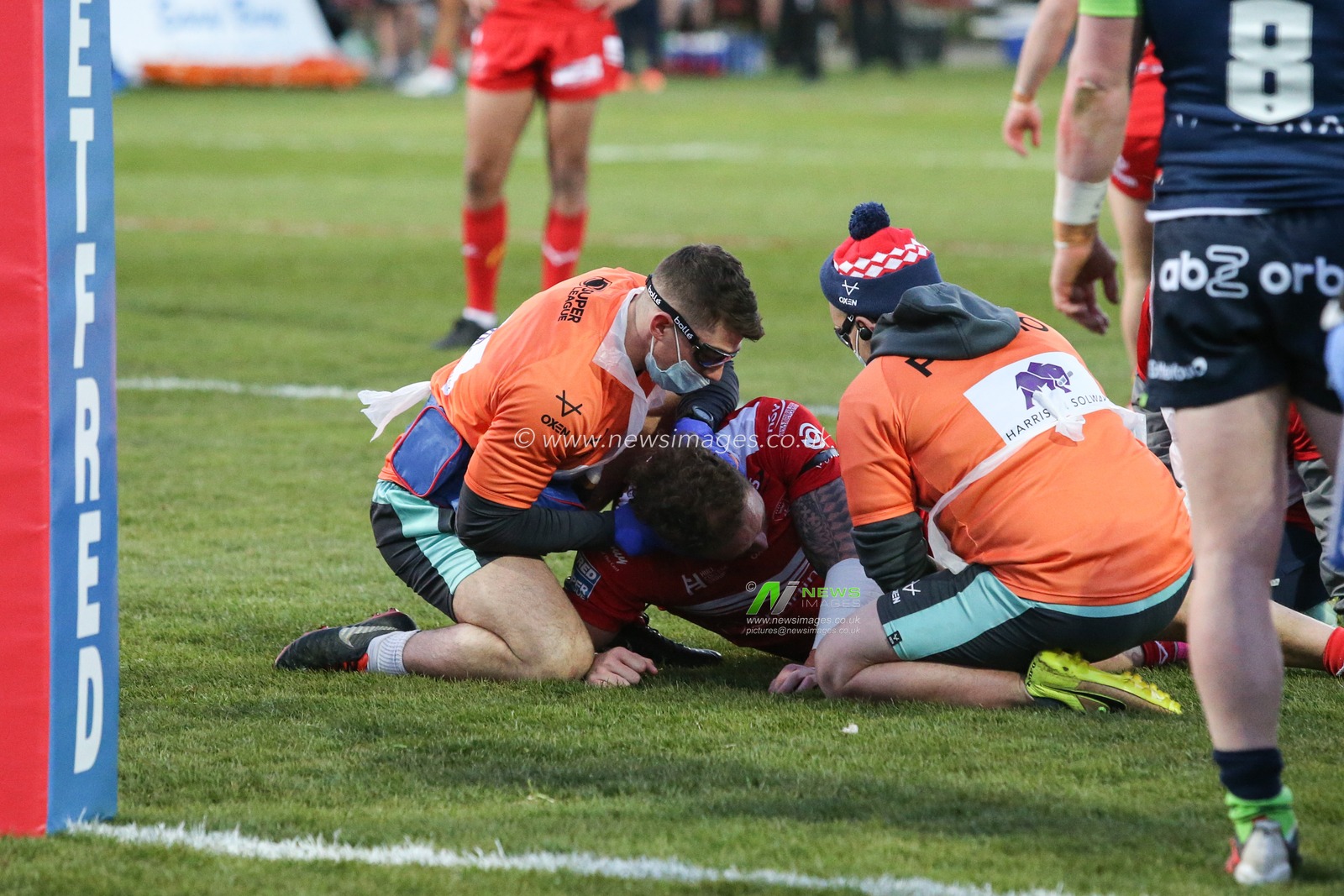 Korbin Sims (10) of Hull KR lies on the floor injured early in the match
