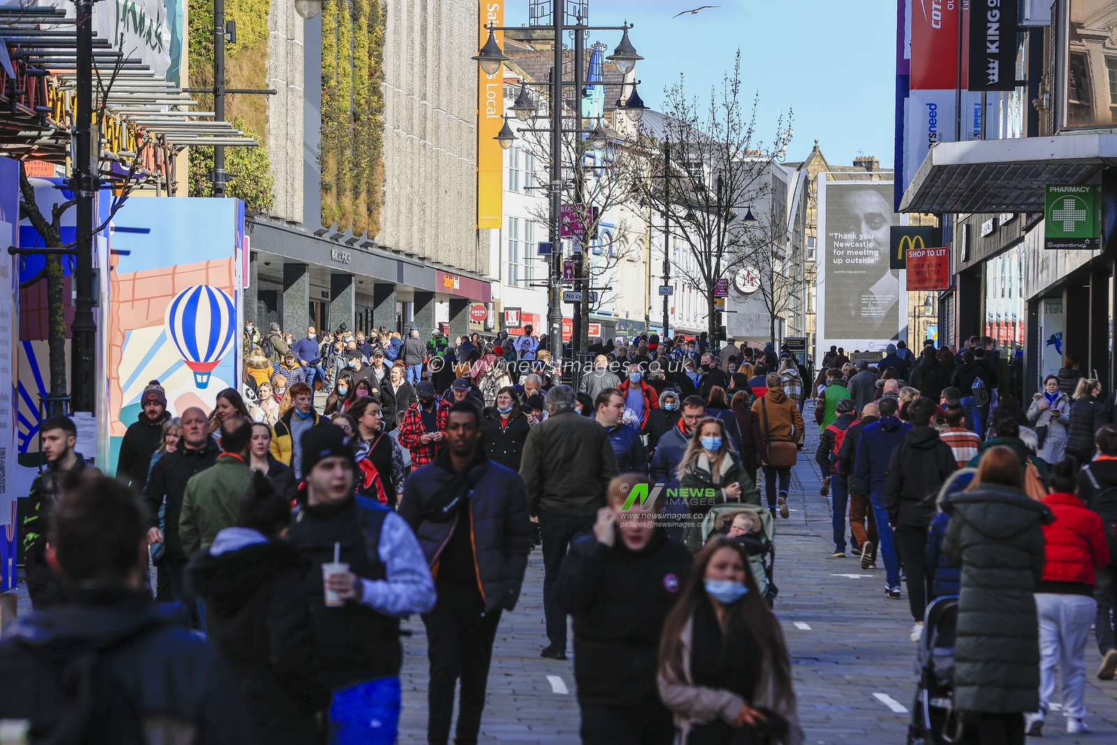 Northumberland Street, Newcastle upon Tyne, is busy with shoppers after national lockdown restrictions are eased and retail premises are allowed to reopen