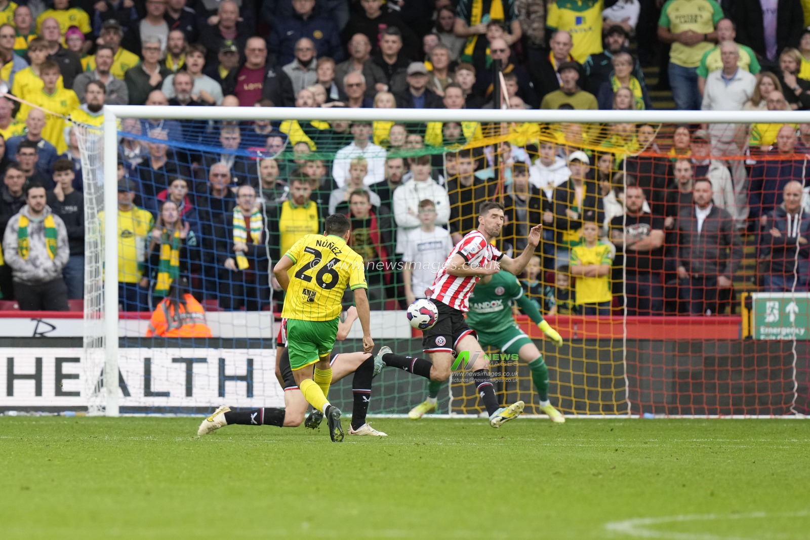 Marcelino NÃºÃ±ez #26 of Norwich City shoots on goal during the Sky Bet Championship match Sheffield United vs Norwich City at Bramall Lane, Sheffield, United Kingdom, 22nd October 2022

(Photo by Steve Flynn/News Images)