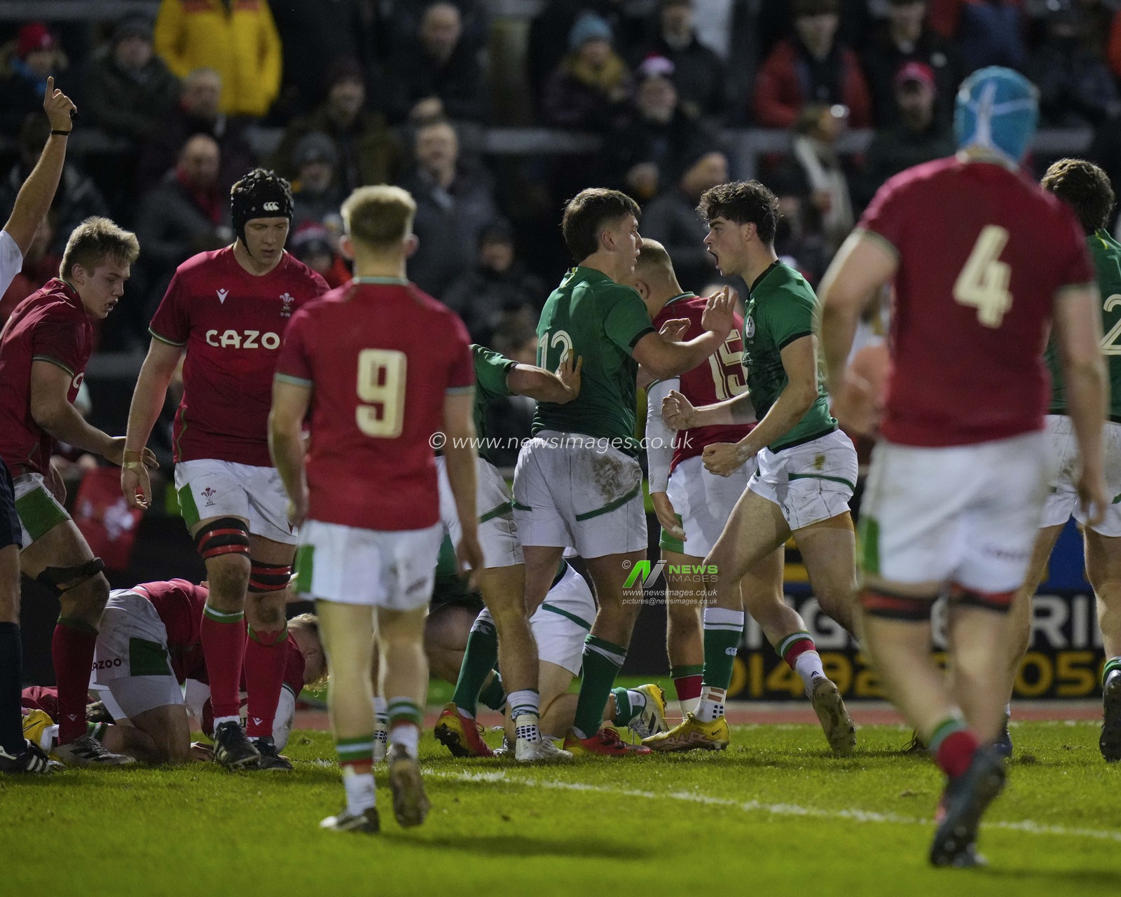 John Devine #12 celebrates with try scorer James Nicholson #15 of Ireland U20's during the 2023 U20 Six Nations match Wales vs Ireland at Stadiwm CSM, Colwyn Bay, United Kingdom, 3rd February 2023

(Photo by Steve Flynn/News Images)