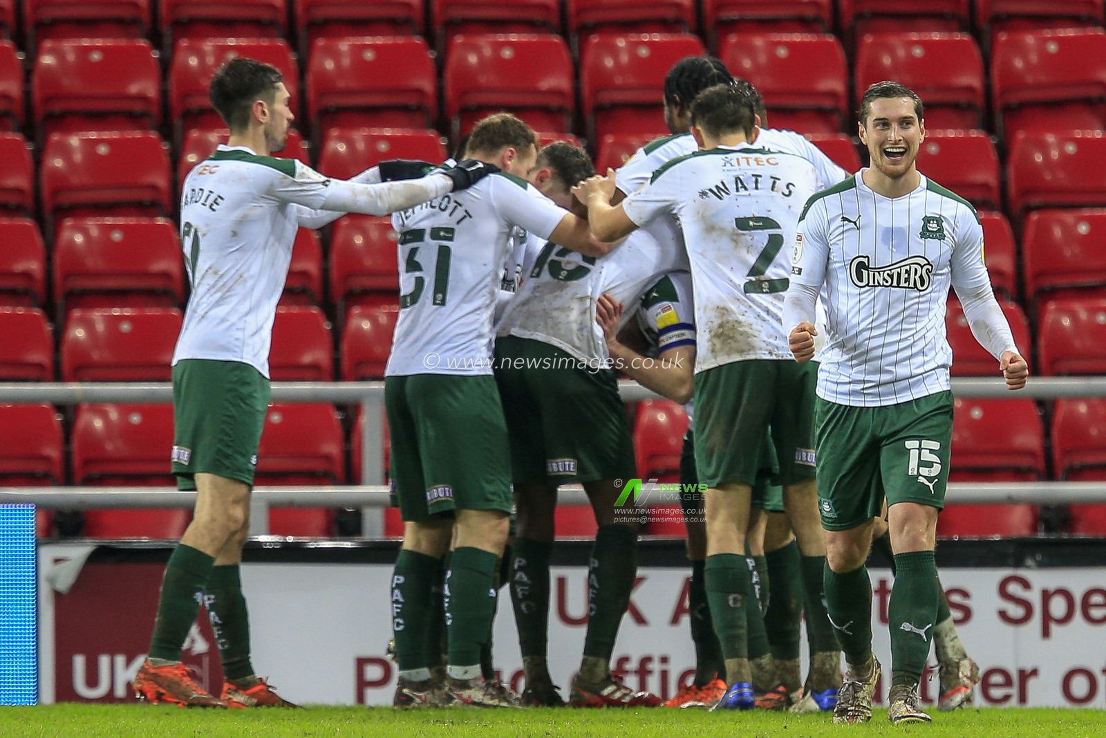 Joe Edwards #8 of Plymouth Argyle celebrates his goal with his teammates to make it 1-2