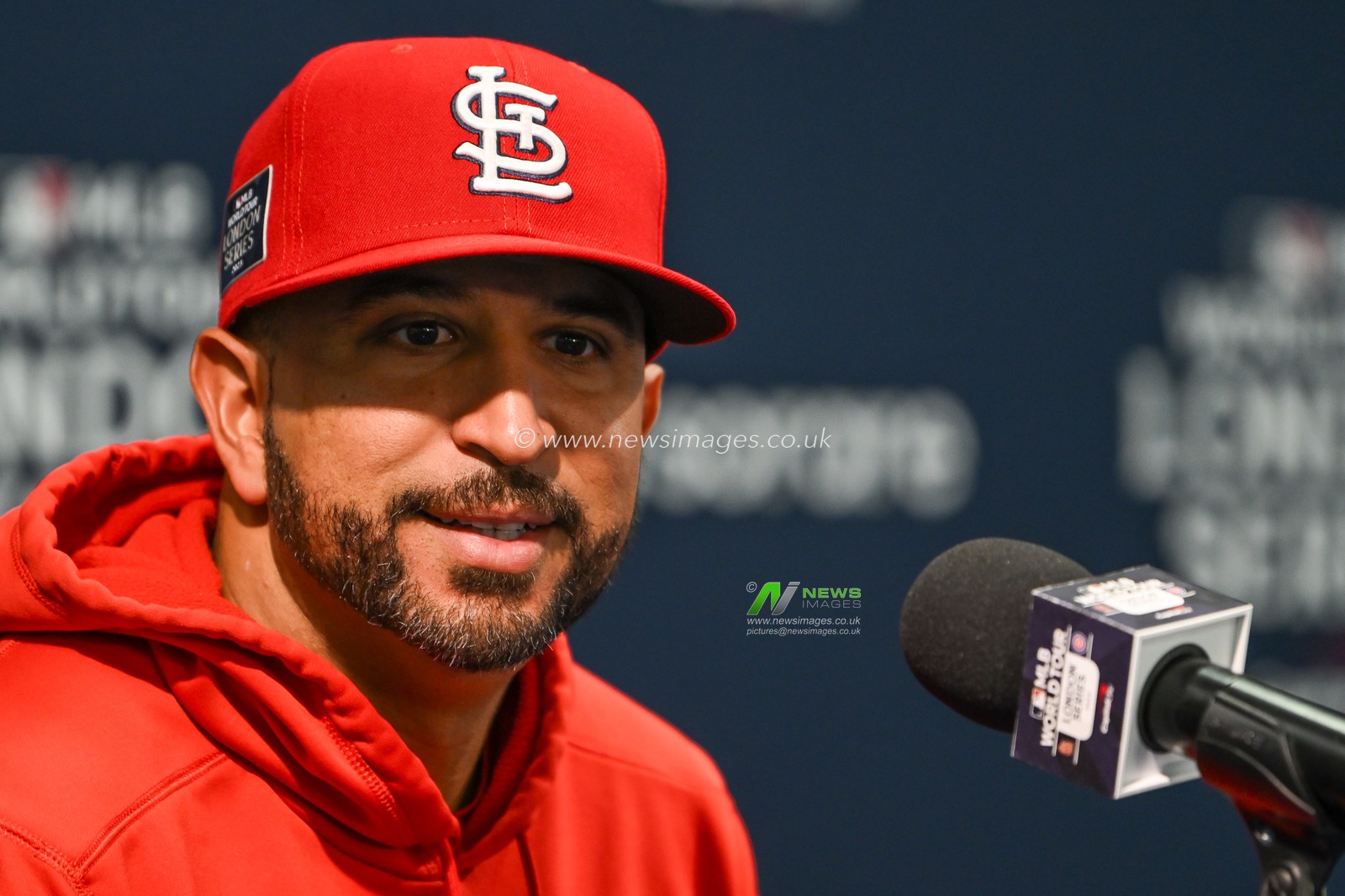 Oliver Marmol #37 Manager of the St. Louis Cardinals during the press conference ahead of the 2023 MLB London Series Workout Day for St. Louis Cardinals and Chicago Cubs at London Stadium, London, United Kingdom, 23rd June 2023

(Photo by Craig Thomas/News Images)
