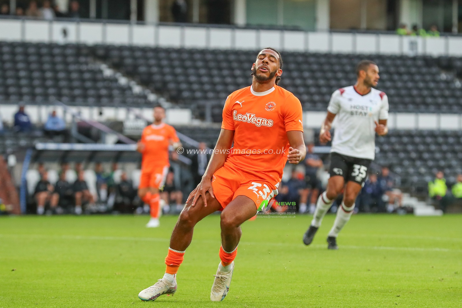 Dominic Thompson #23 of Blackpool reacts during the Carabao Cup match Derby County vs Blackpool at Pride Park Stadium, Derby, United Kingdom, 8th August 2023

(Photo by Gareth Evans/News Images)