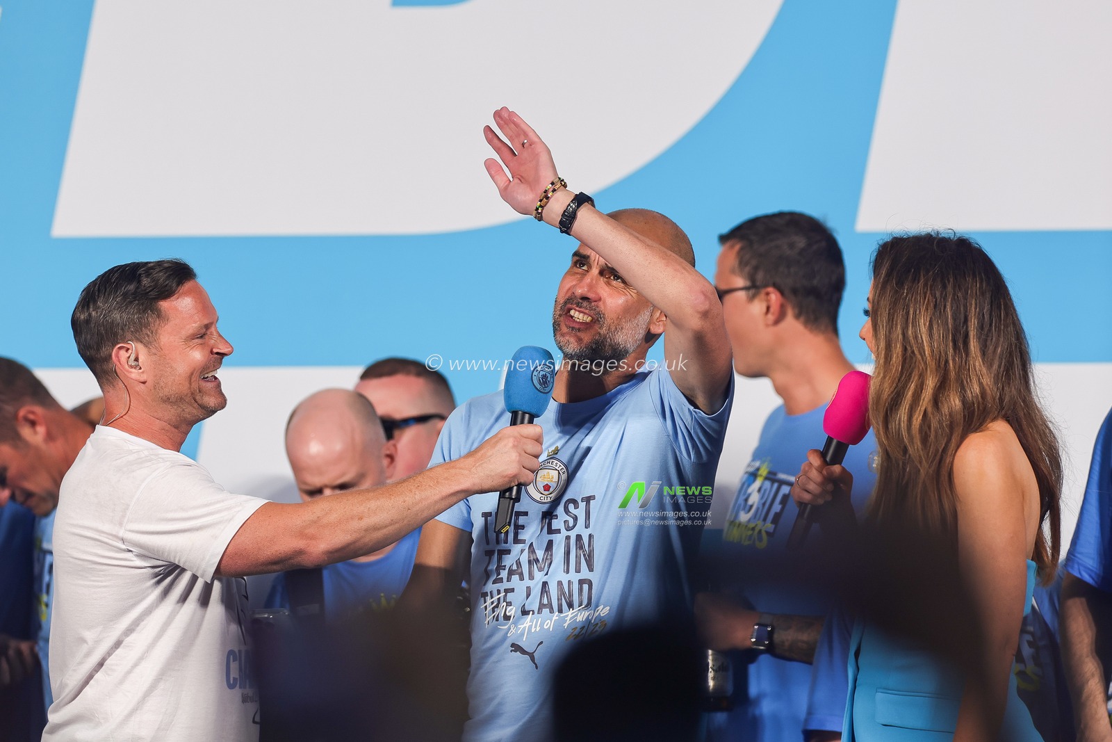 Pep Guardiola manager of Manchester City on stage during Manchester City's Treble victory parade at St Peterâ€™s Square, Manchester, United Kingdom, 12th June 2023

(Photo by Mark Cosgrove/News Images)