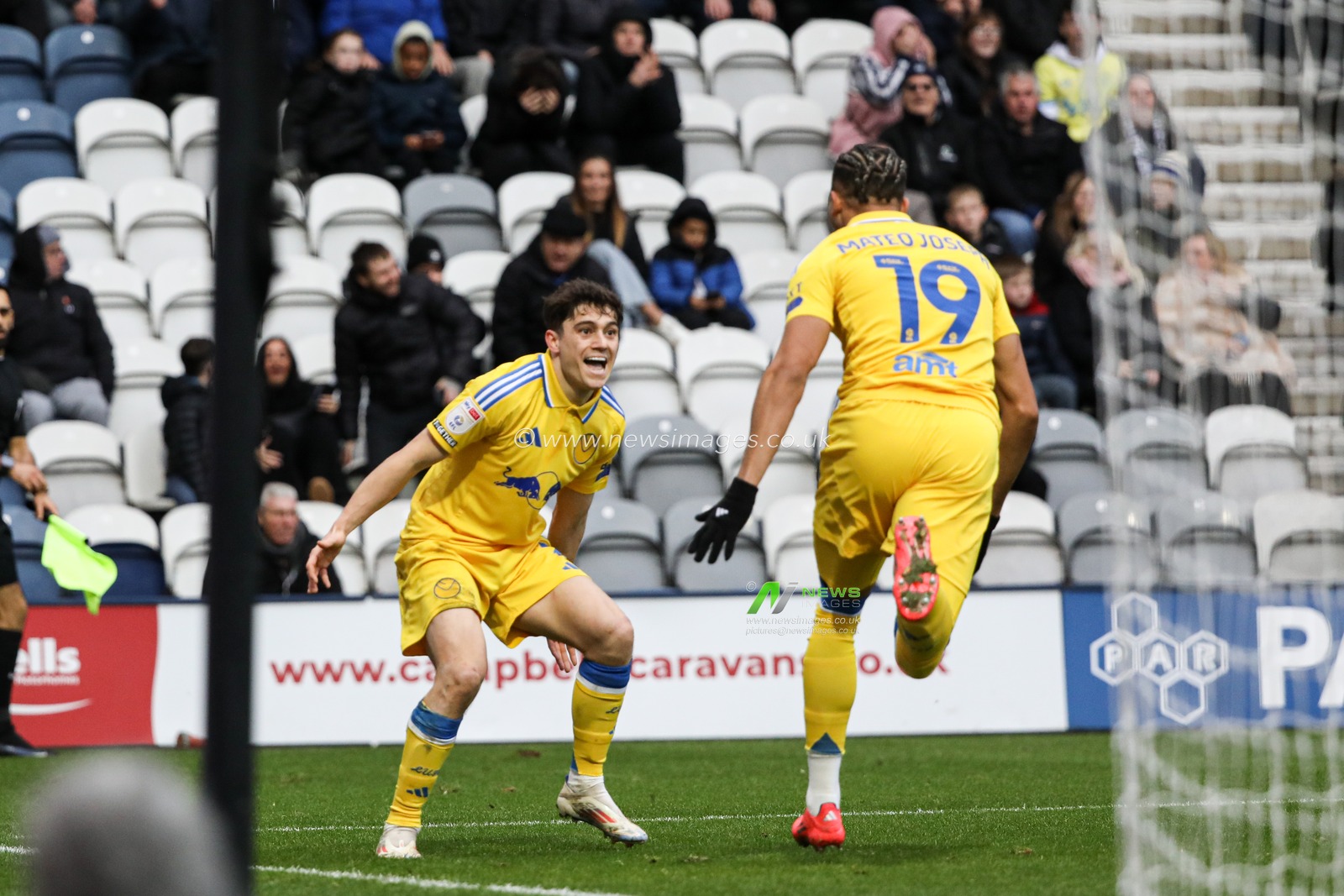 Mateo Joseph of Leeds United celebrates equalising goal with Daniel James of Leeds United during the Sky Bet Championship match Preston North End vs Leeds United at Deepdale, Preston, United Kingdom, 14th December 2024

(Photo by Jorge Horsted/News Images)