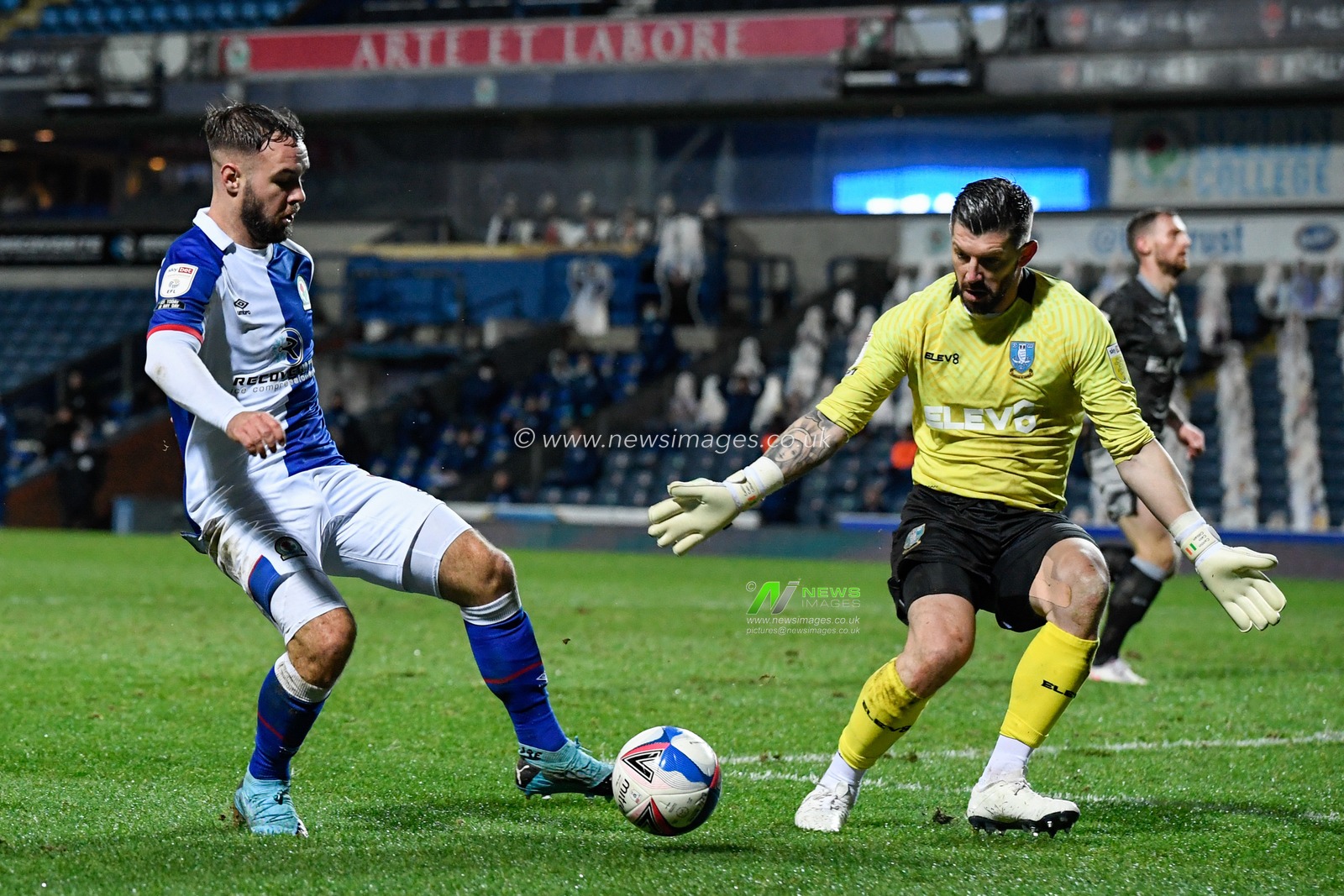 Adam Armstrong #7 of Blackburn Rovers has a chance in front of goal