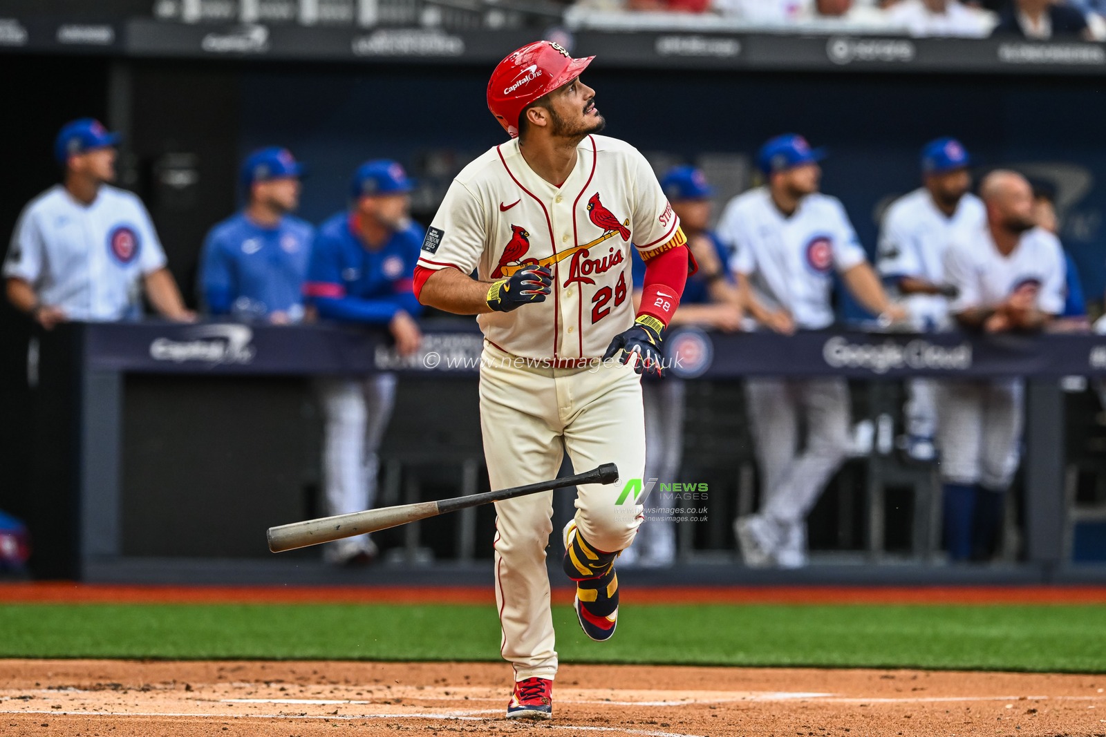 Nolan Arenado #28 of the St. Louis Cardinals runs to first base during the 2023 MLB London Series match St. Louis Cardinals vs Chicago Cubs at London Stadium, London, United Kingdom, 24th June 2023

(Photo by Craig Thomas/News Images)