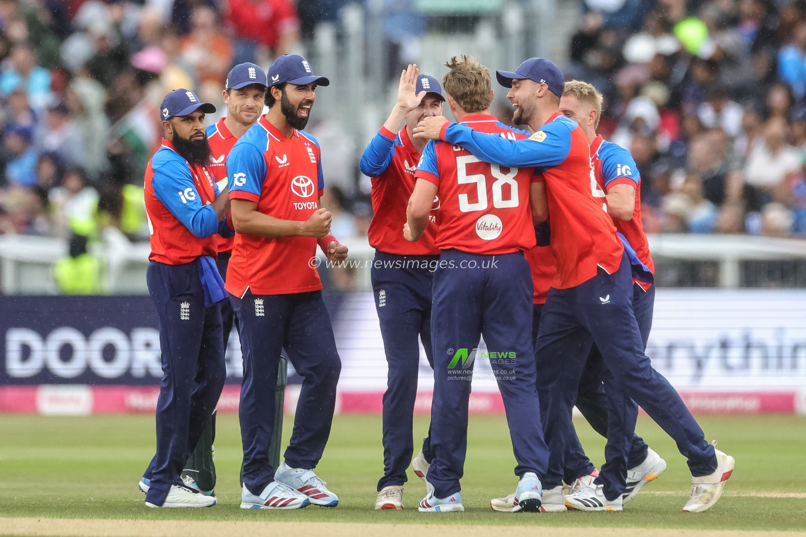 Sam Curran of England celebrates the wicket of  Abhishek Sharma of India during the First Vitality T20 International match England vs India at Banks Homes Riverside Stadium, Chester-le-street, United Kingdom on 01 July 2026

(Photo by Mark Cosgrove/News Images)