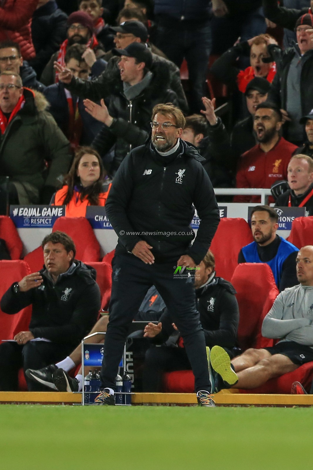 4th April 2018 , Anfield, Liverpool, England; Champions League Quarter Final, first leg, Liverpool v Manchester City; Jurgen Klopp manager of Liverpool shows his frustration
