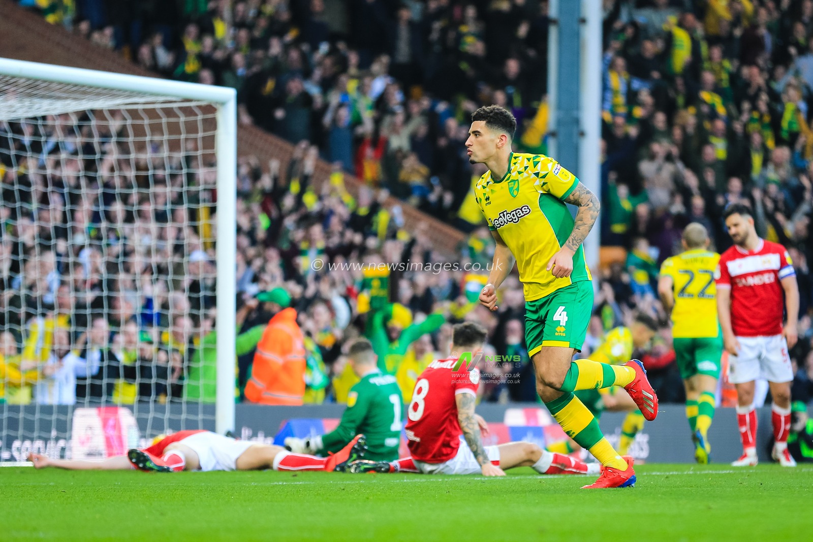 23rd February 2019, Carrow Road, Norfolk, England; Sky Bet Championship, Norwich City vs Bristol City ;  Ben Godfrey (04) of Norwich City celebrates levelling the scores at 2-2.


Credit: Georgie Kerr/News Images

English Football League images are subject to DataCo Licence