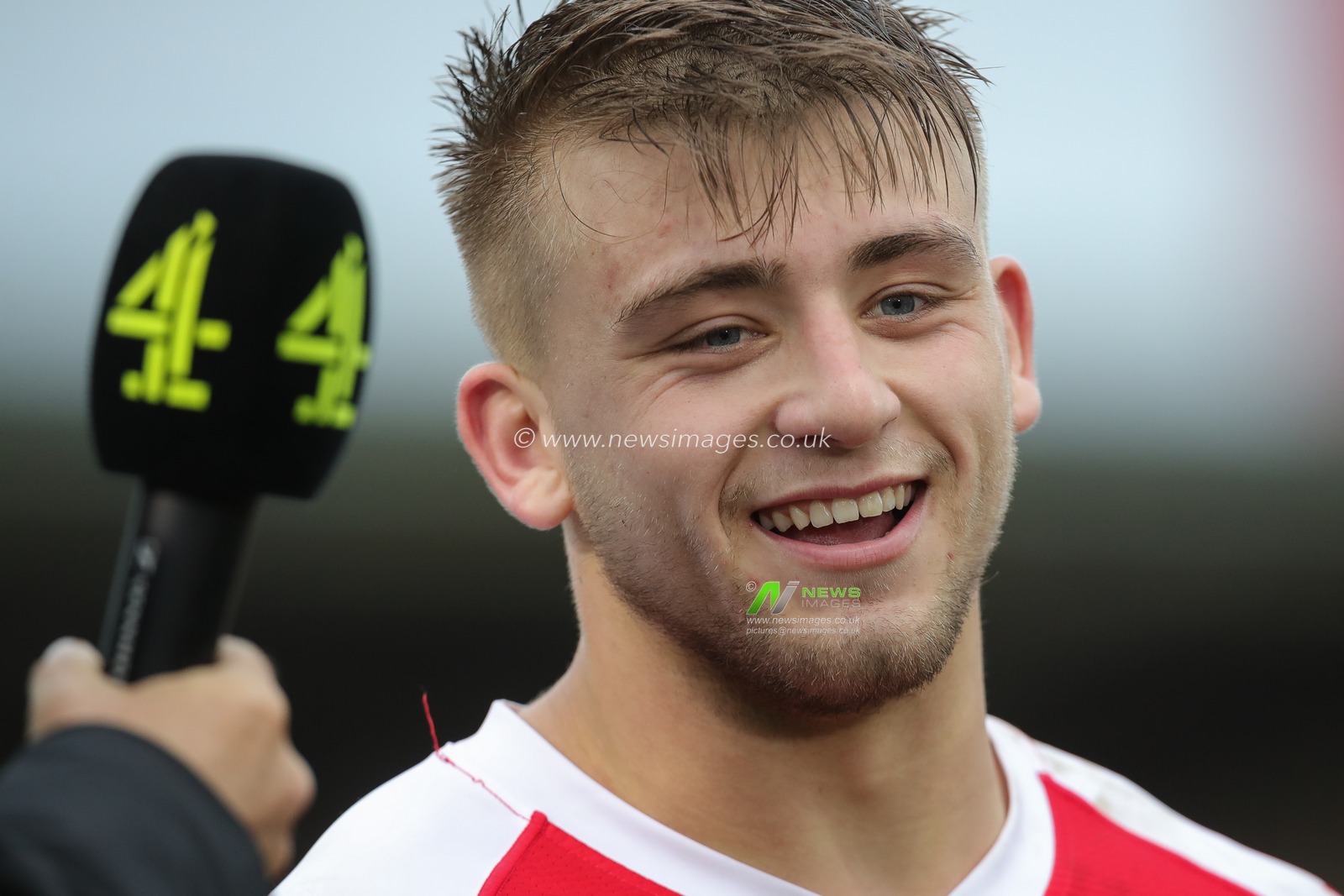 Mikey Lewis #20 of Hull KR laughs during his interview with channel 4 after the Betfred Super League Round 1 match Hull KR vs Wigan Warriors at Sewell Group Craven Park, Kingston upon Hull, United Kingdom, 18th February 2023

(Photo by James Heaton/News Images)
