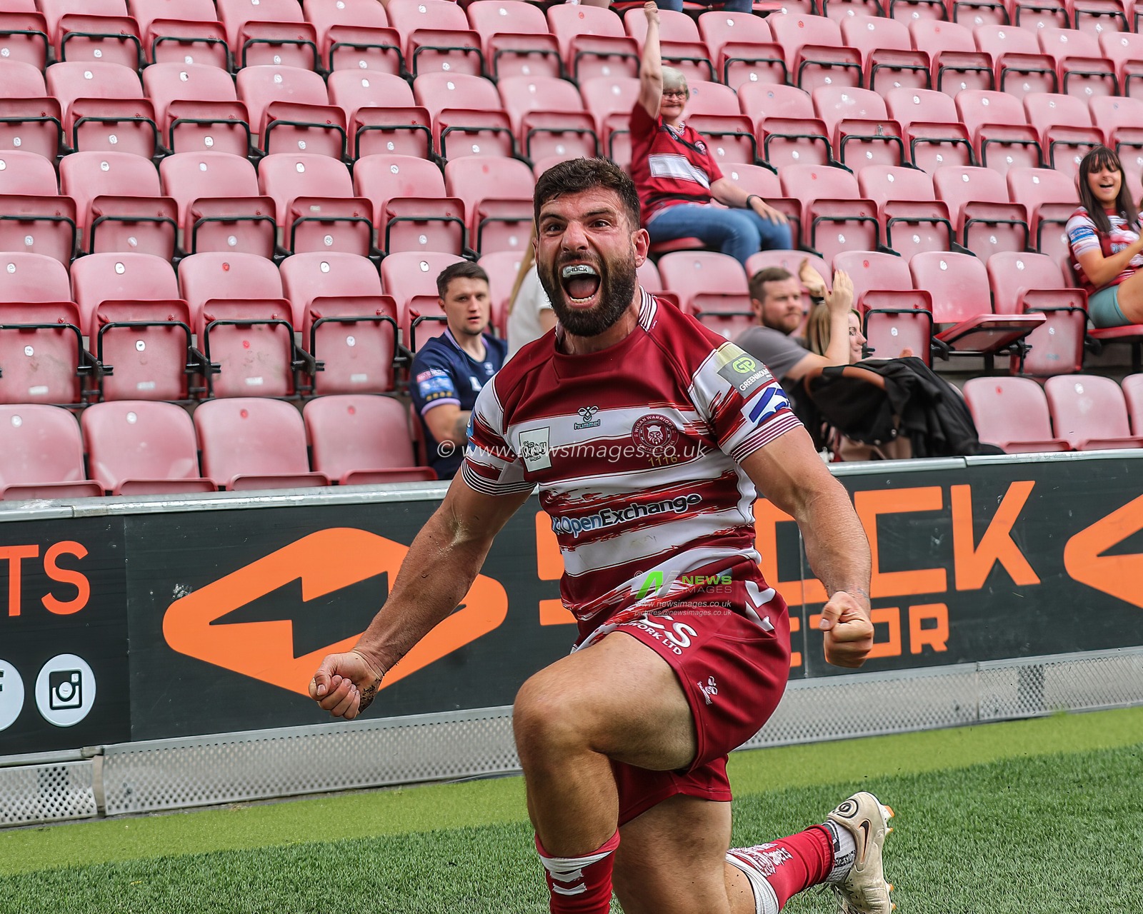 Abbas Miski #23 of Wigan Warriors celebrates his try during the Betfred Challenge Cup Quarter-Final match Wigan Warriors vs Warrington Wolves at DW Stadium, Wigan, United Kingdom, 18th June 2023

(Photo by Gareth Evans/News Images)