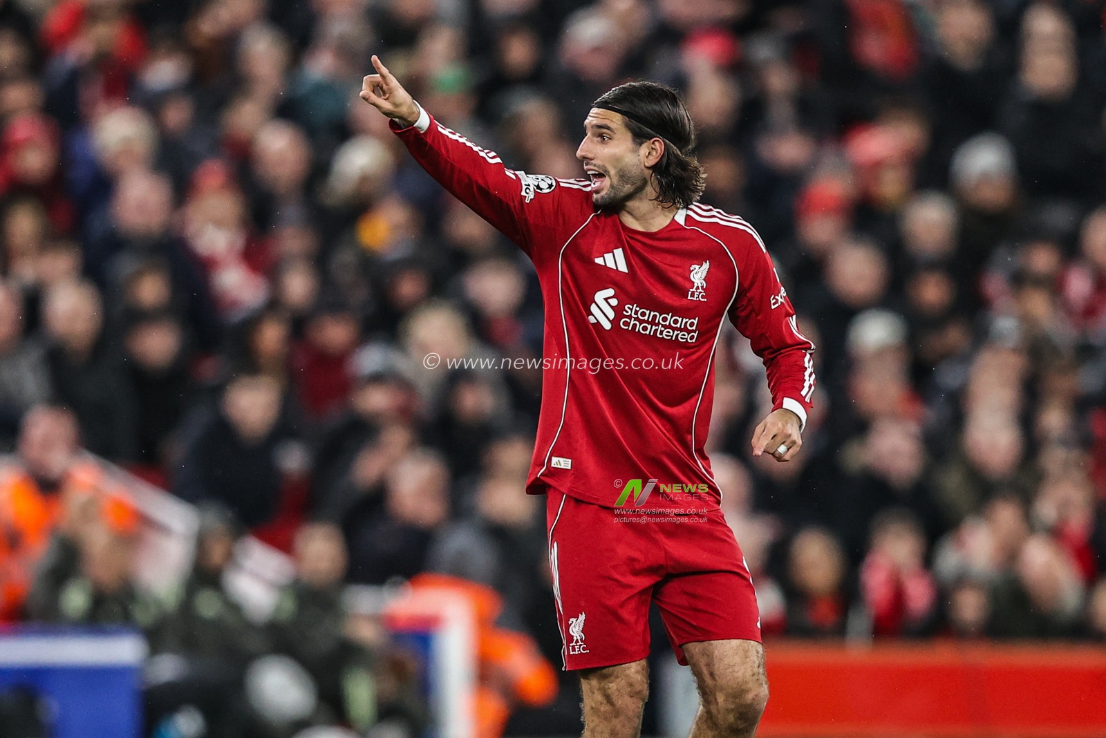 Dominik Szoboszlai of Liverpool gives his team instructions during the UEFA Champions League Matchday 4 of 8 Liverpool vs Real Madrid at Anfield, Liverpool, United Kingdom, 4th November 2025

(Photo by Alfie Cosgrove/News Images)

*** GER AUT SUI OUT ***